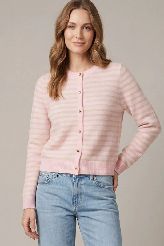 Pink/tan Long Sleeve Gold Button Striped Sweater