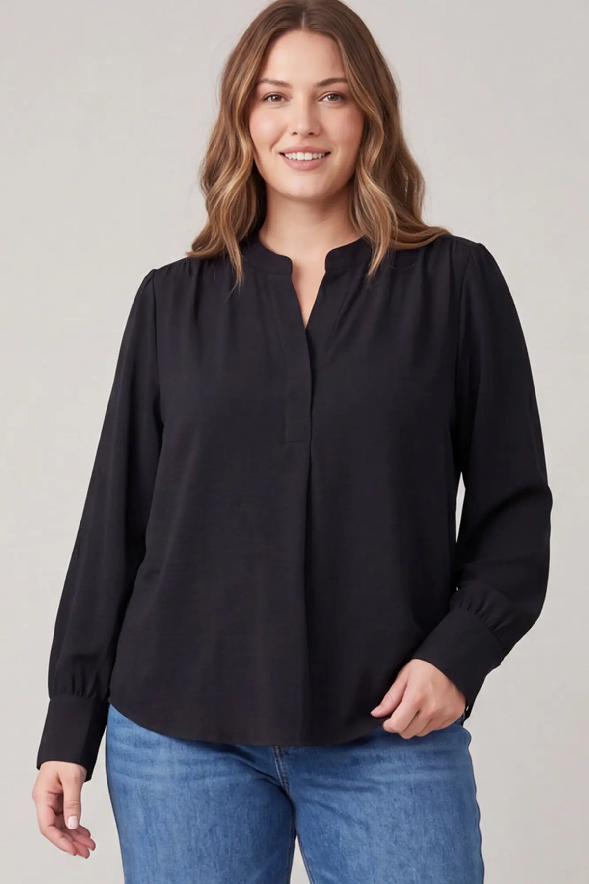 Black Long Sleeve Split-neck Woven Top+