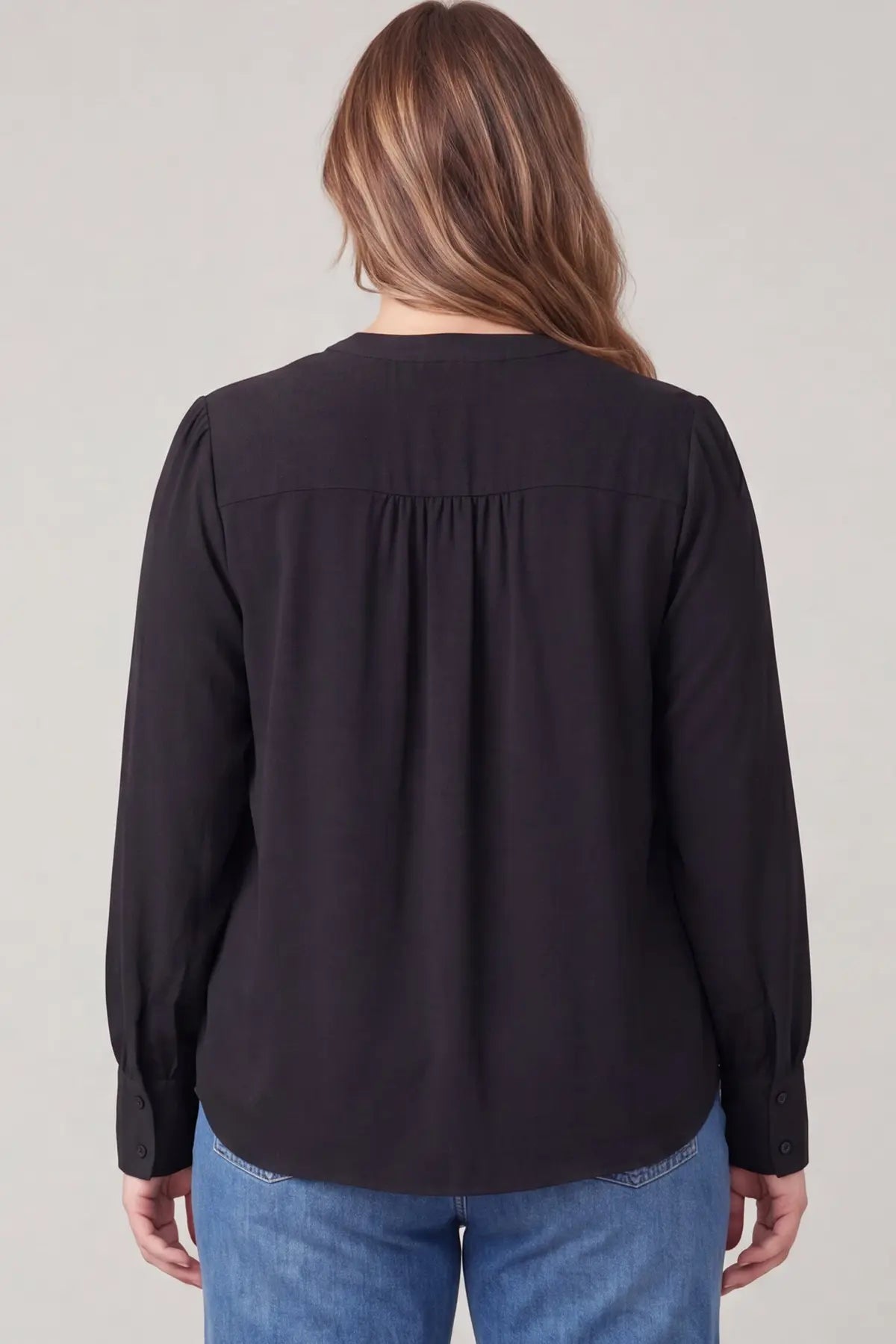 Black Long Sleeve Split-neck Woven Top+