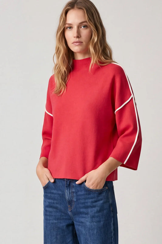 Red 3/4 sleeve mock Neck sweater