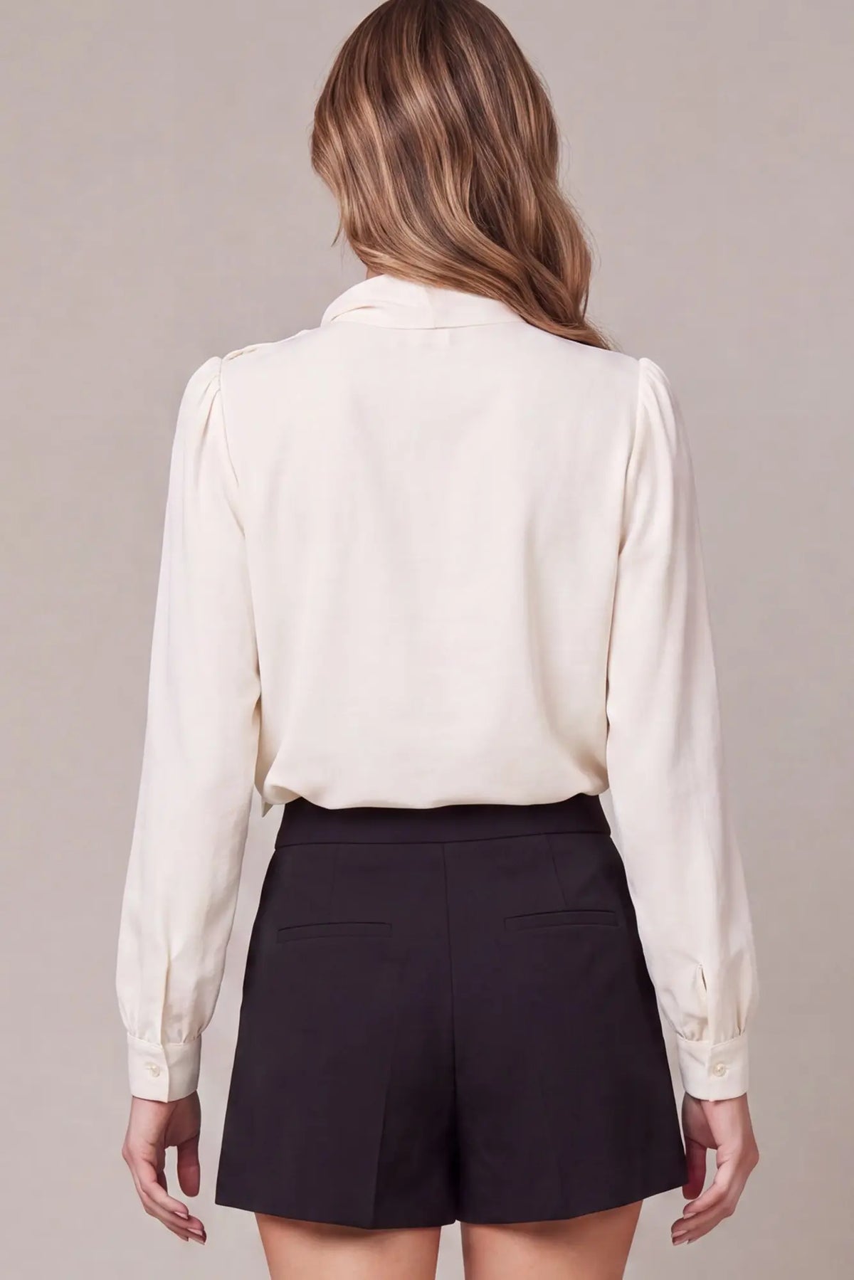 Cream Long Sleeve woven tie-neck Blouse