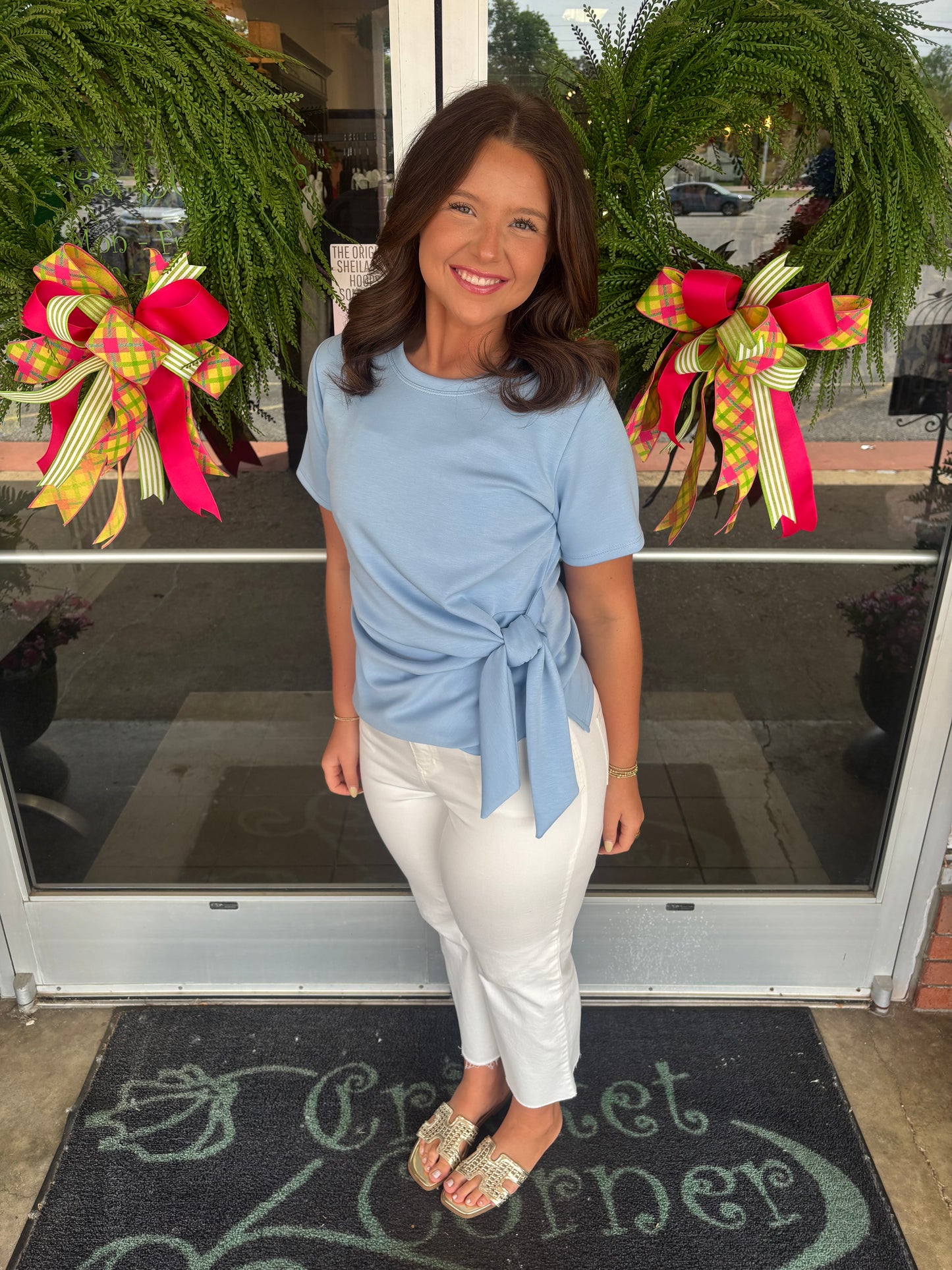 Light Blue scuba knit side tie top
