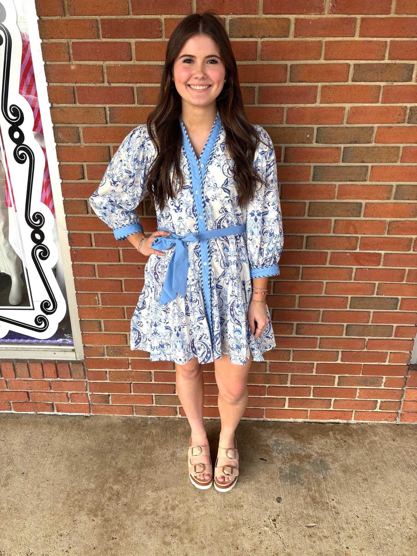 Blue Printed long puff sleeve mini dress