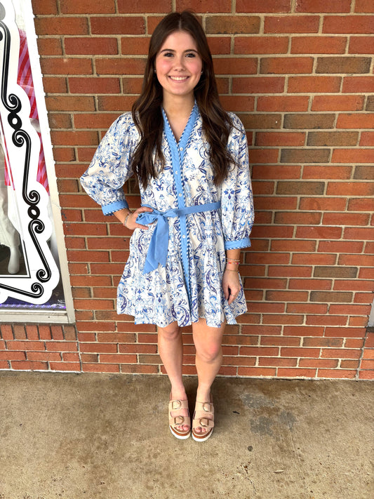 Blue Printed long puff sleeve mini dress