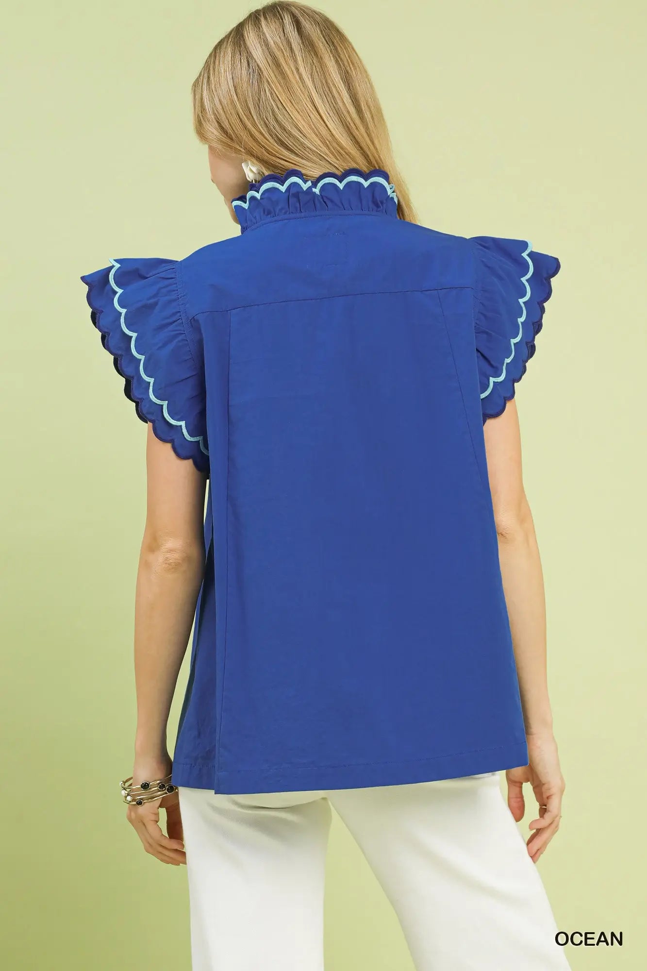 Blue scalloped sleeve ruffle top