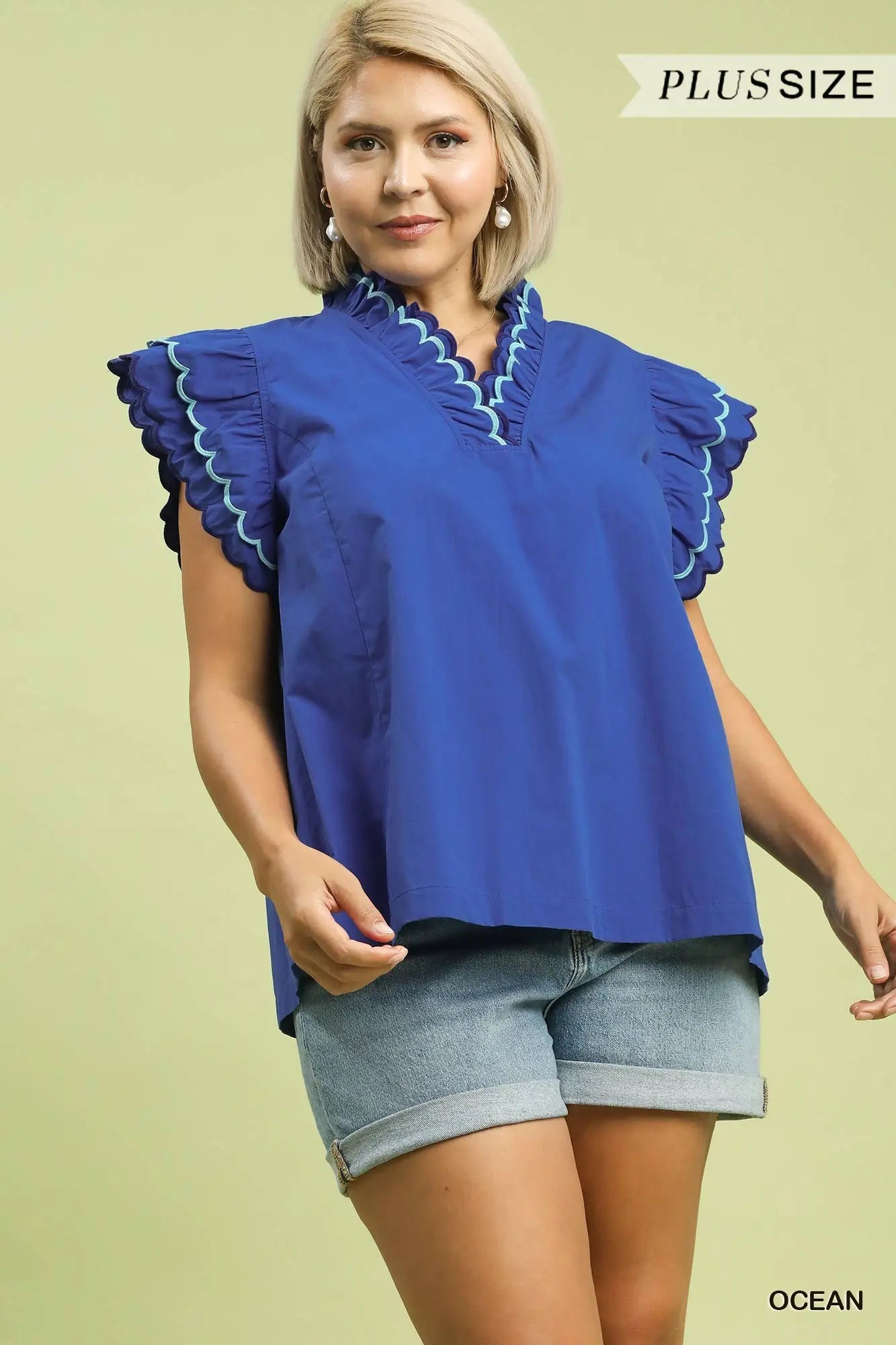 Blue scalloped ruffle top +