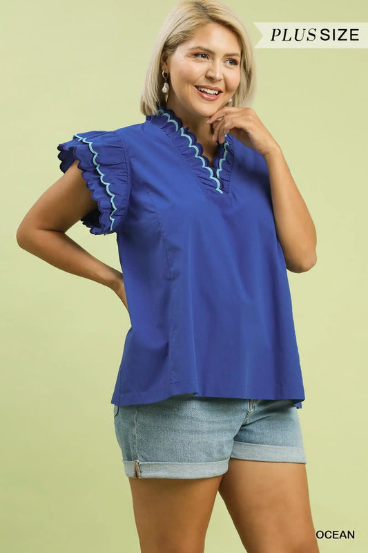 Blue scalloped ruffle top +