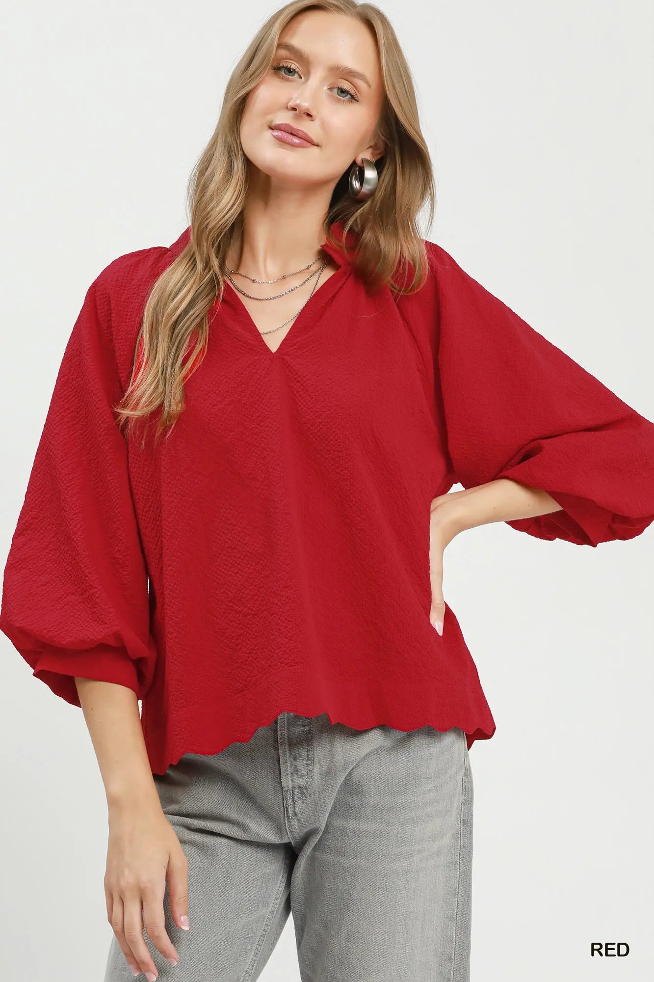 Red Split V Neck Top with Balloon Sleeves