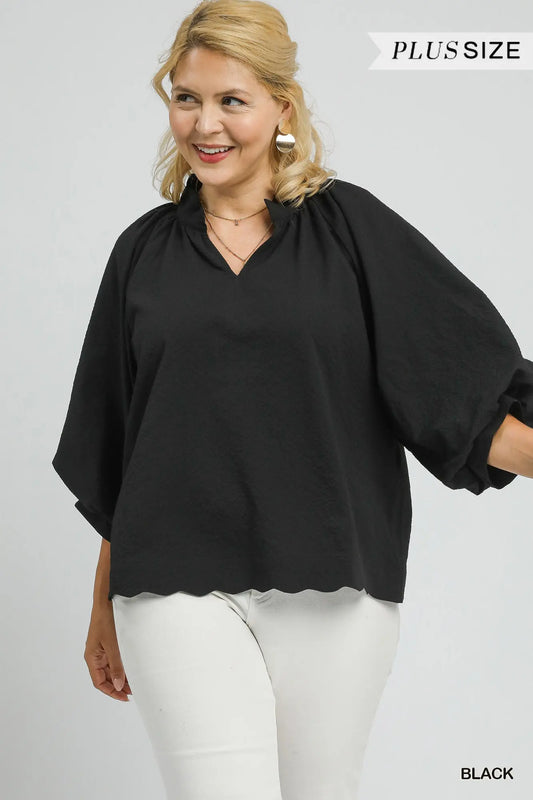 Black Textured Scallop Hem Blouse +
