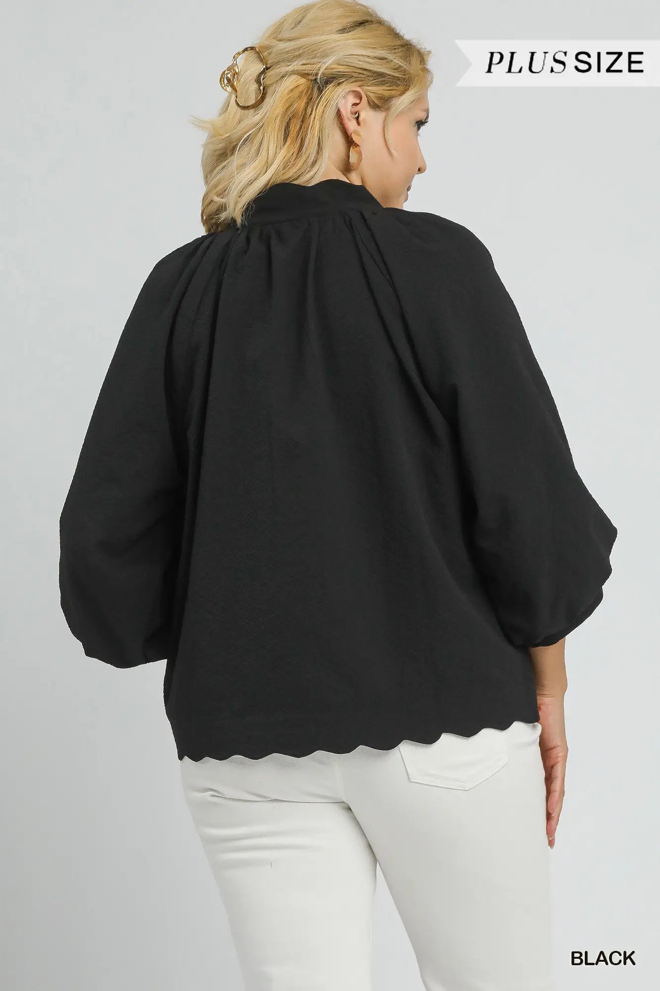 Black Textured Scallop Hem Blouse +