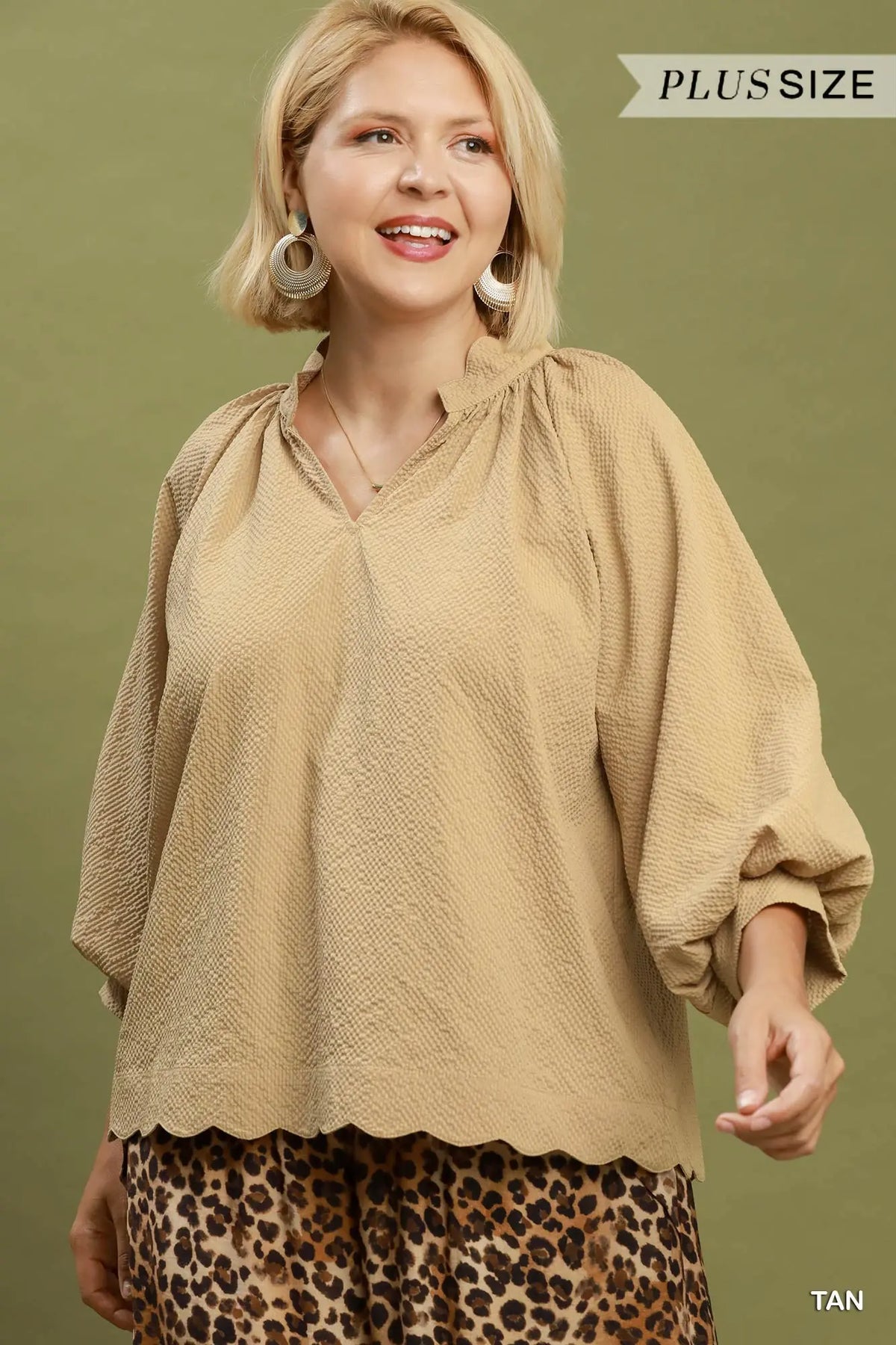 Tan Textured Scallop Hem Blouse +