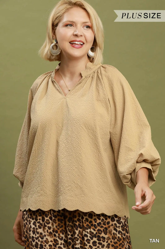 Tan Textured Scallop Hem Blouse +