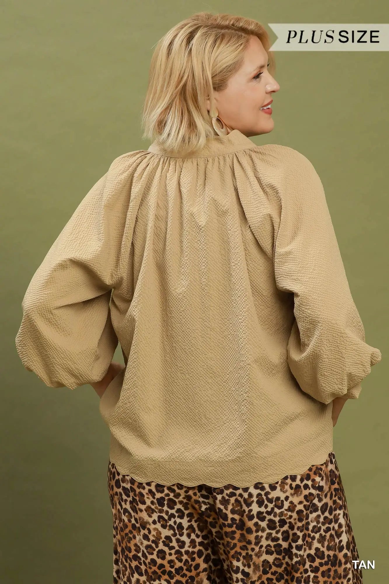 Tan Textured Scallop Hem Blouse +