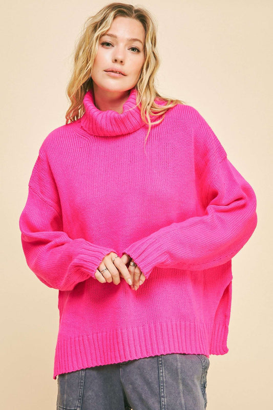 Fuschia High neck Long Sleeve Loose Fit Sweater