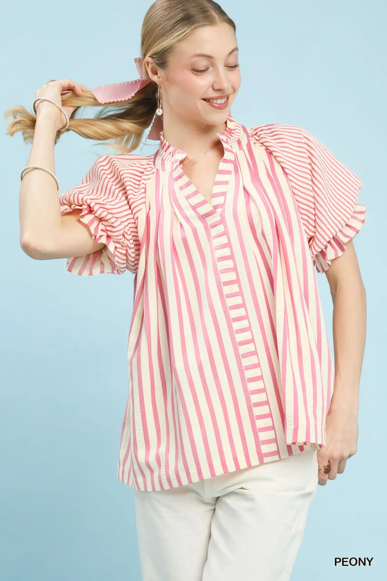 Pink striped open collar puff sleeve top