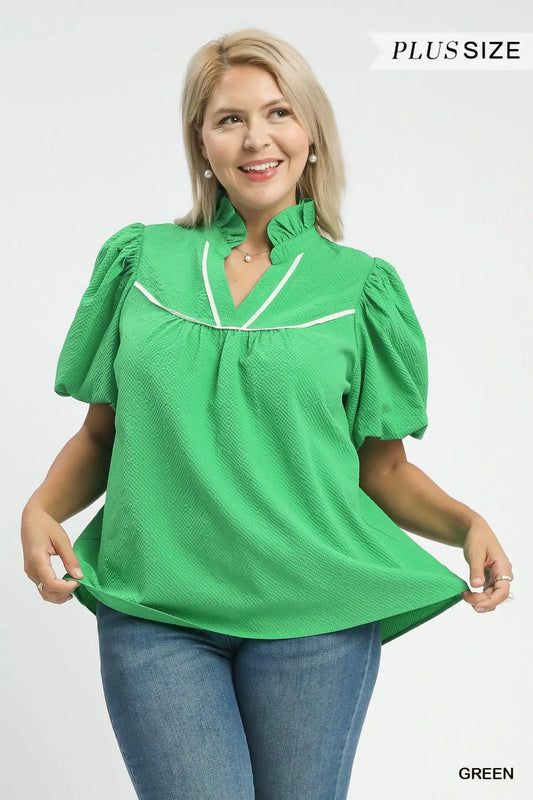 Green Textured puff Sleeve top +