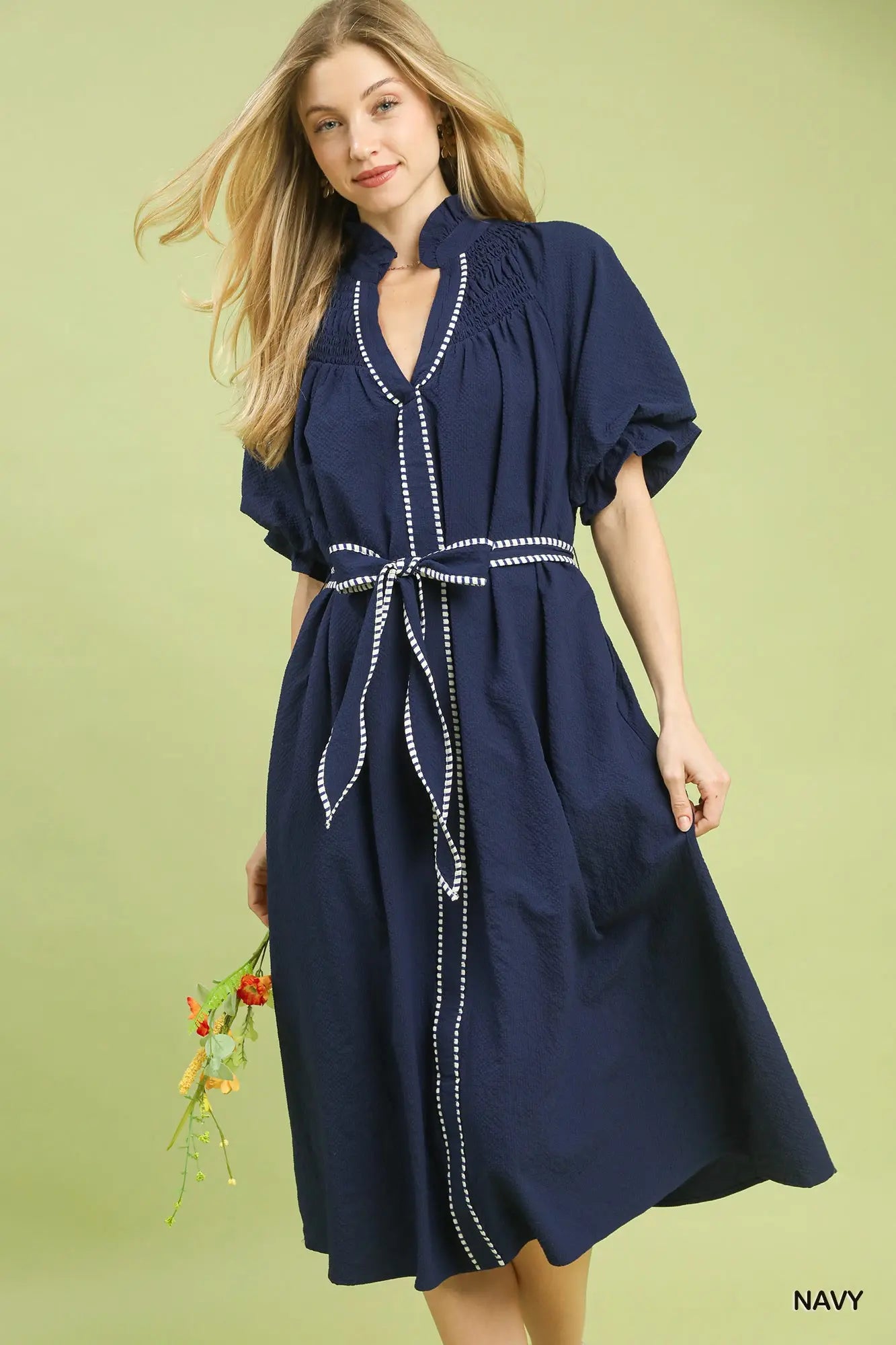 Navy short sleeve ruffle vneck dress