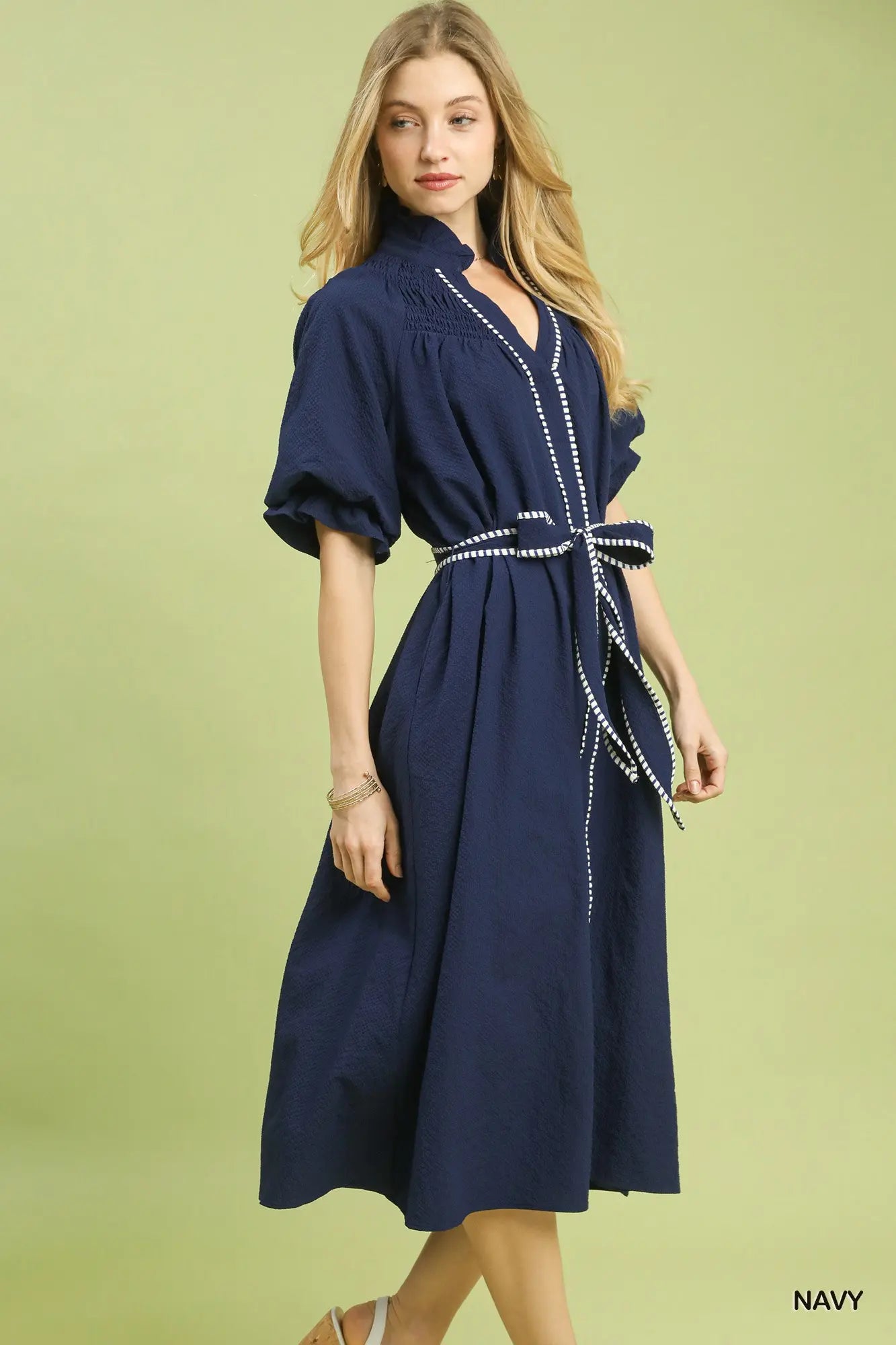 Navy short sleeve ruffle vneck dress