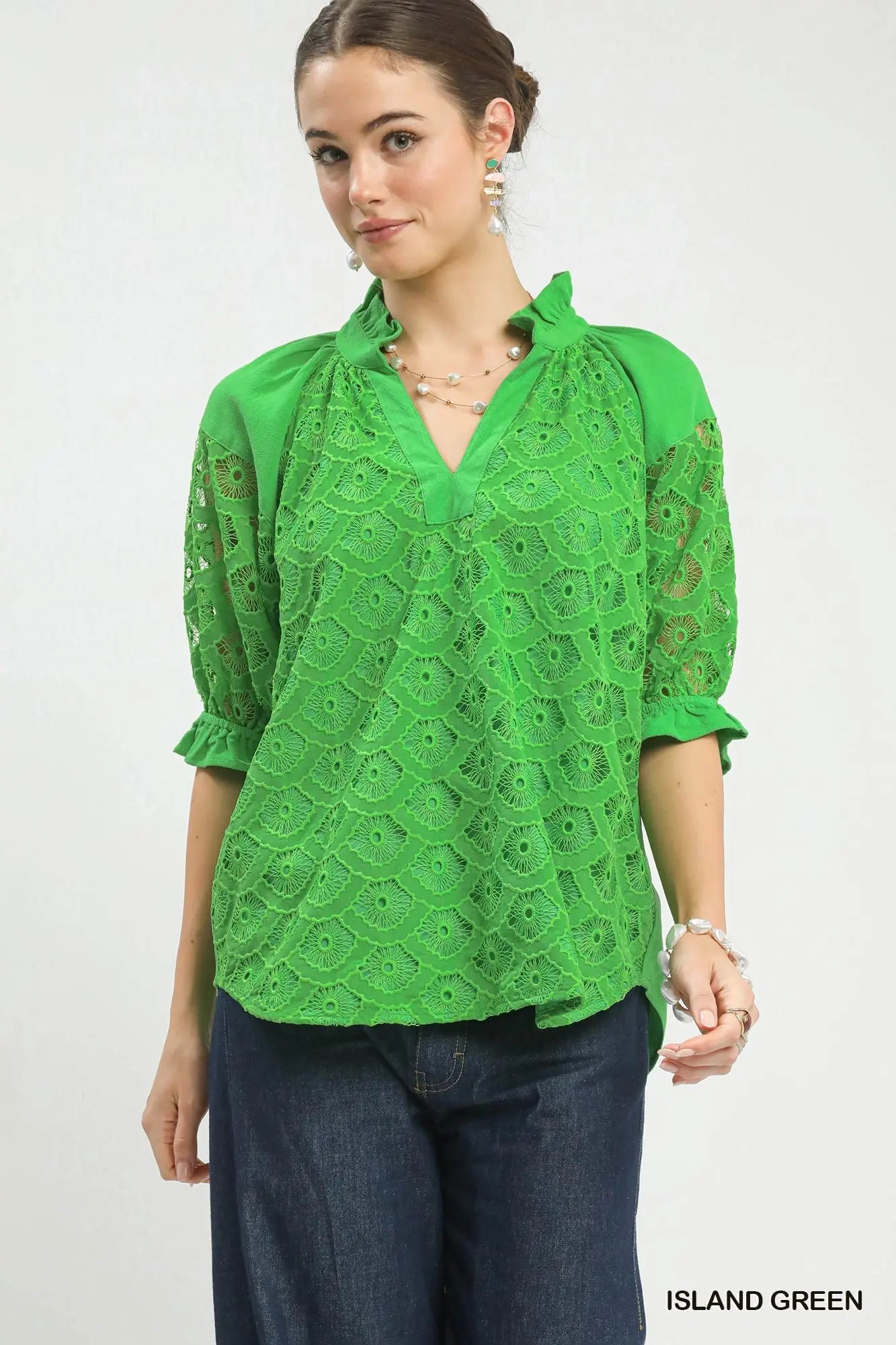 Green Frill Y-Neck puff Sleeve Lace top