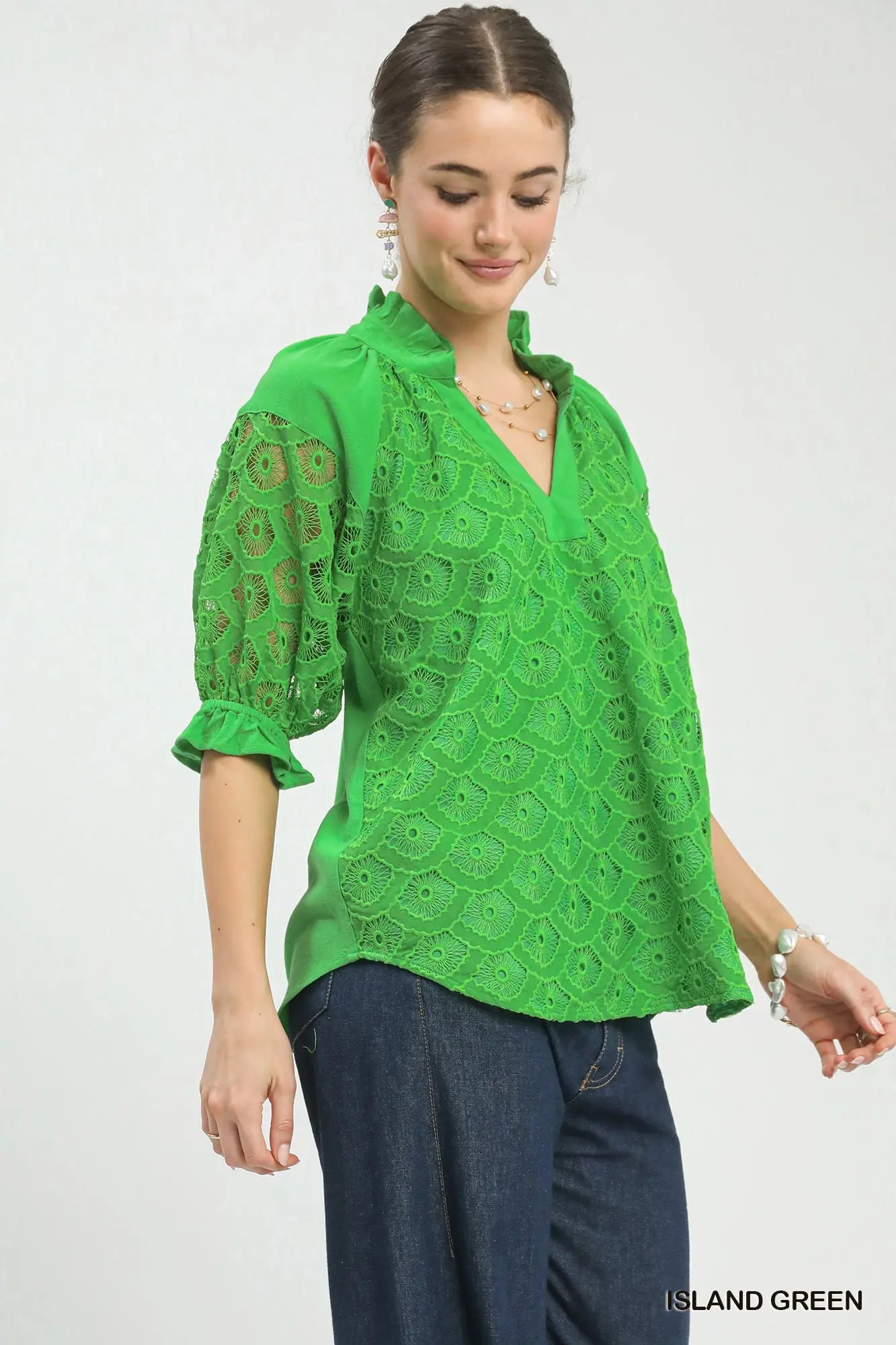 Green Frill Y-Neck puff Sleeve Lace top
