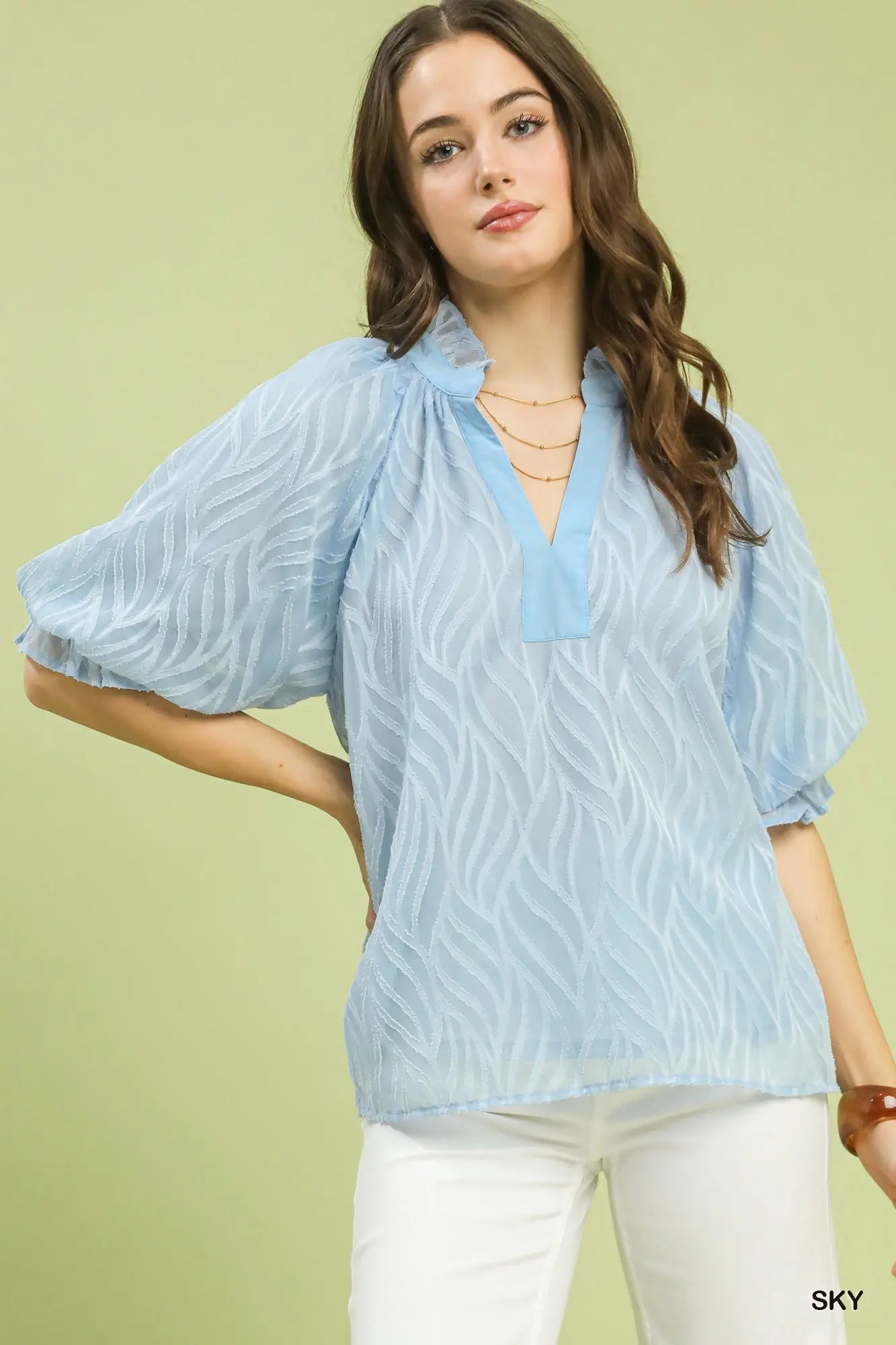 Sky Blue frilled y-neck Raglan puff sleeve top