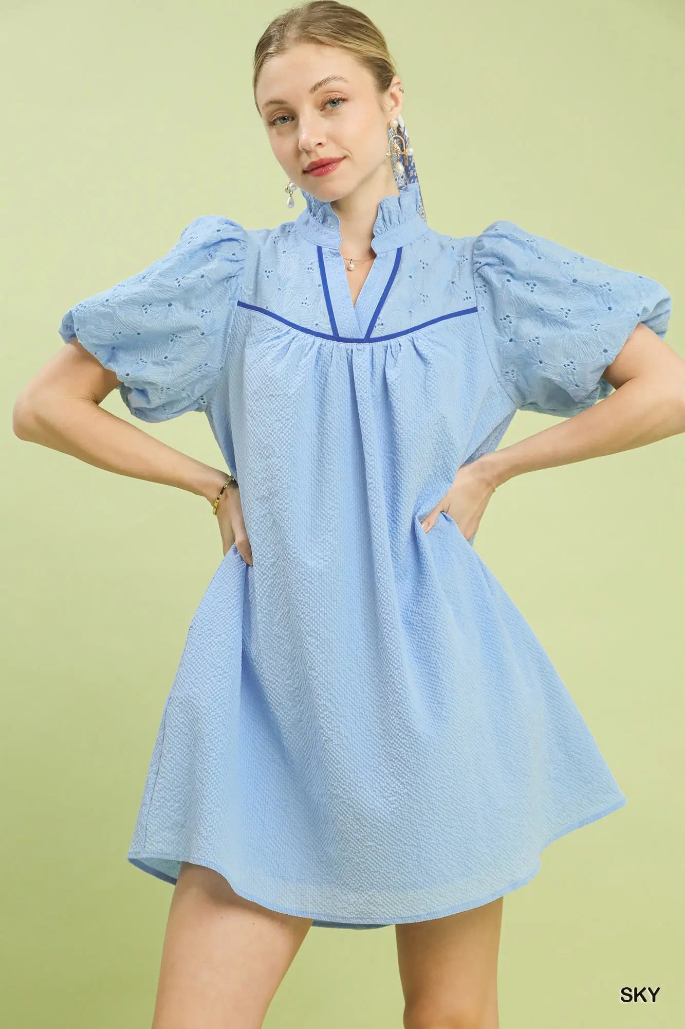 Sky Blue Short Sleeve ruffle v-neck dress