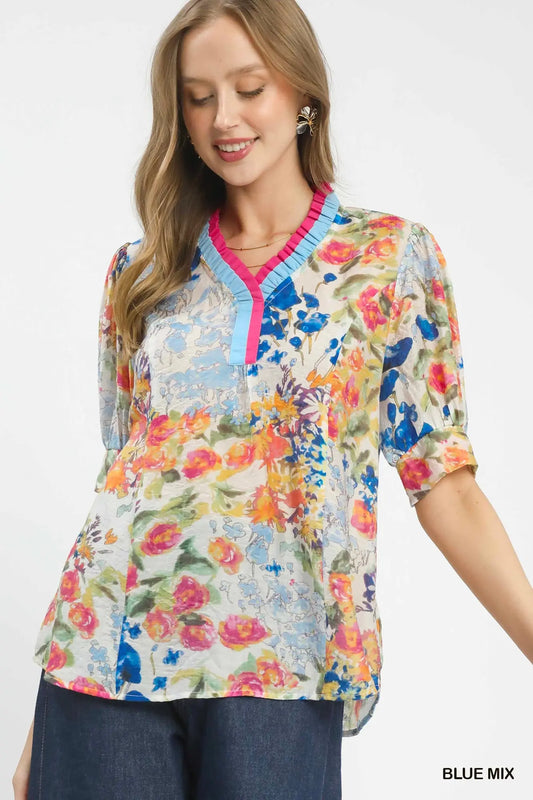 Blue mixed floral print blouse