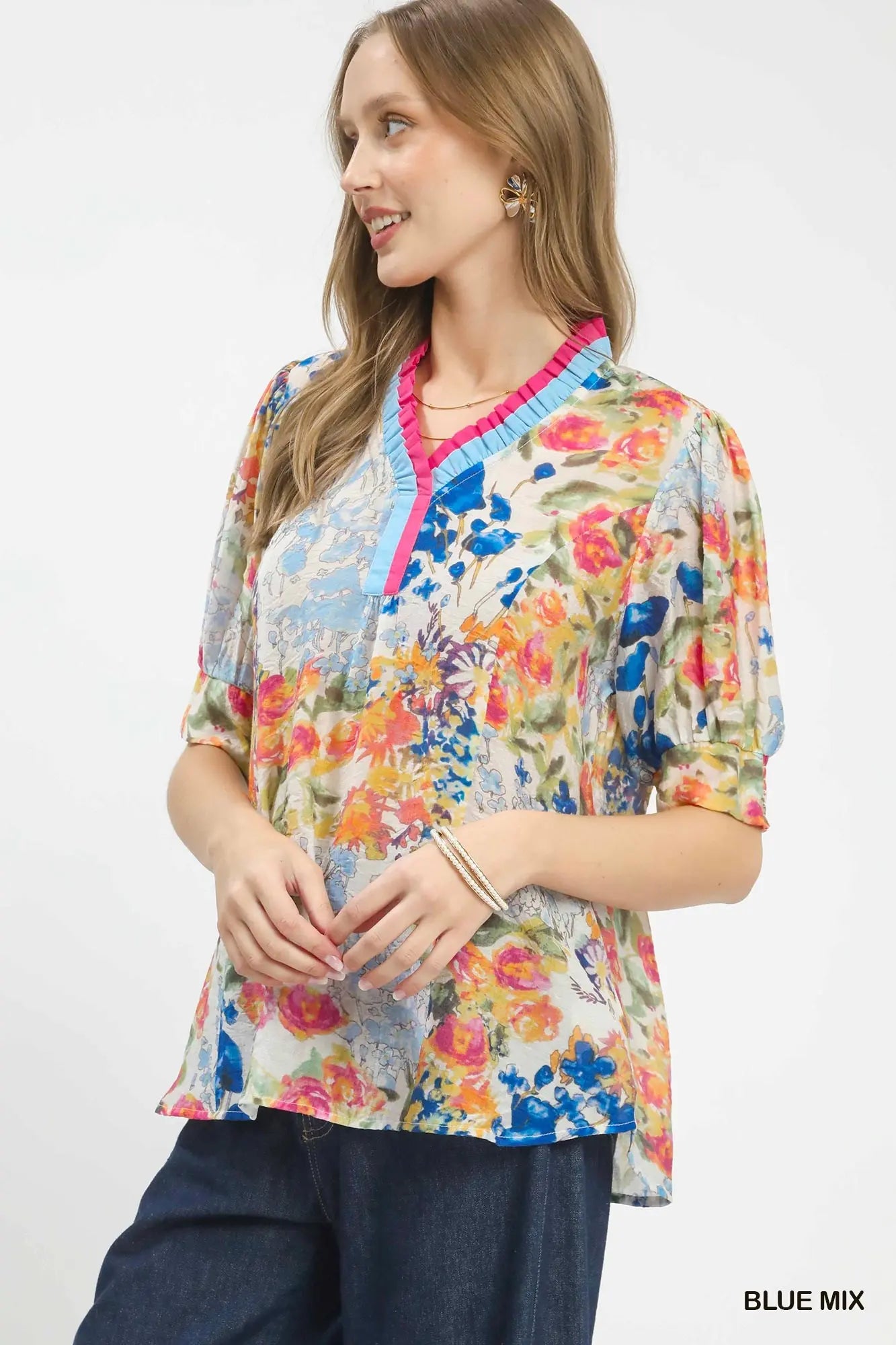 Blue mixed floral print blouse