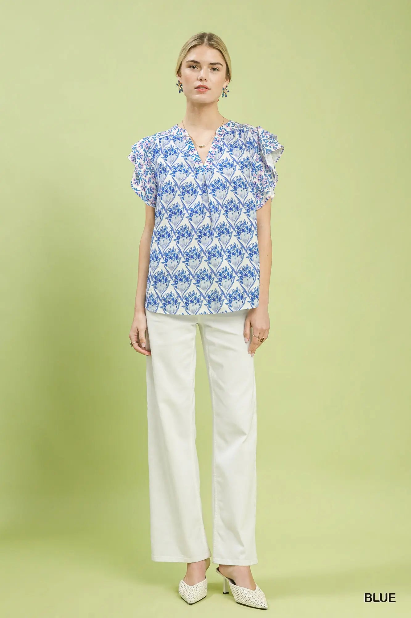Blue Vneck tiered top w/ double frill sleeves