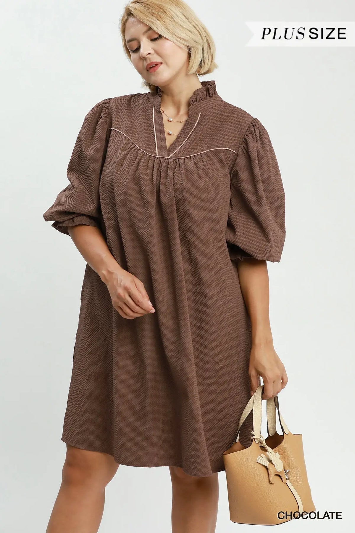 Chocolate Puff sleeve v neck dress +