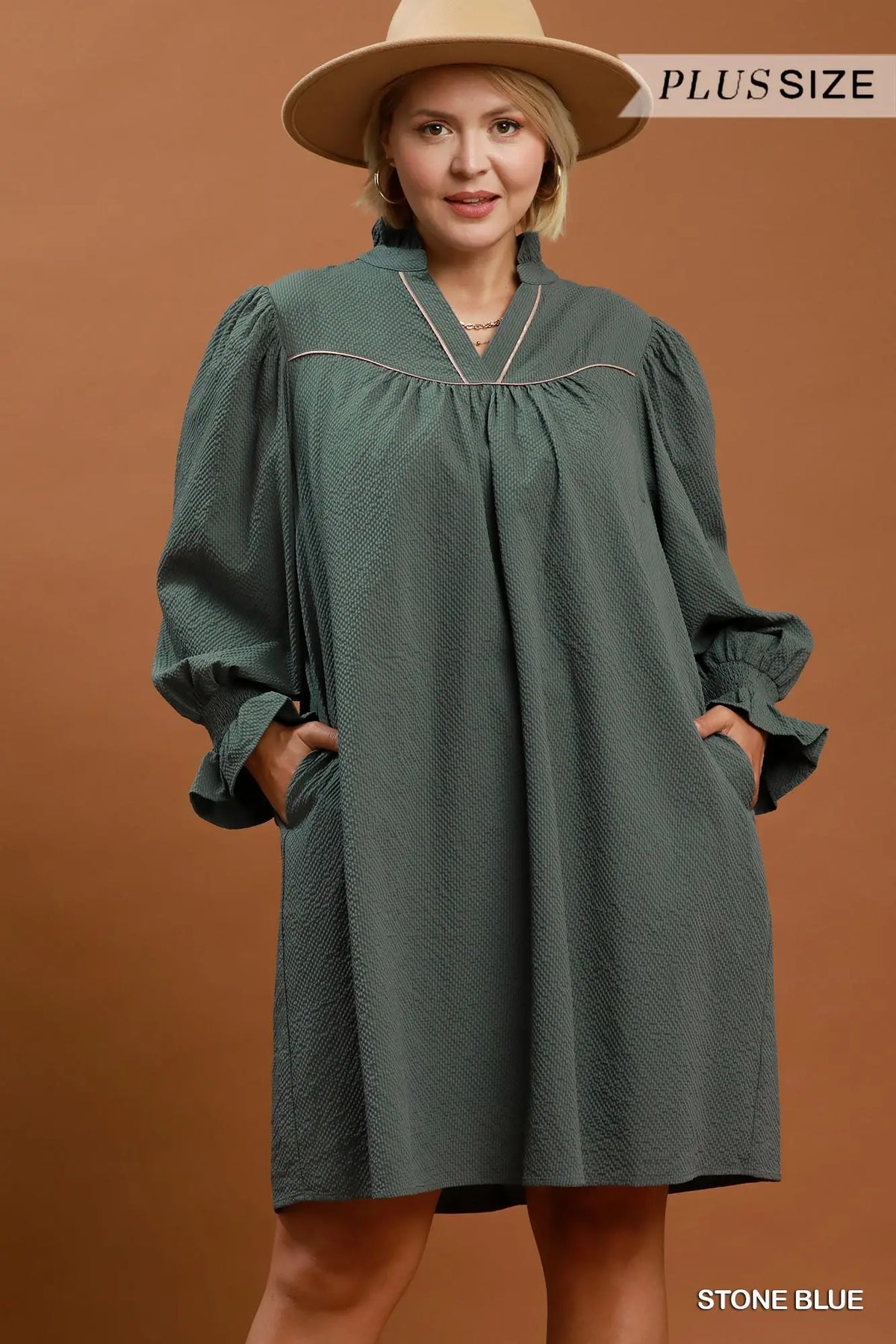 Stone Blue Puff sleeve v neck dress +