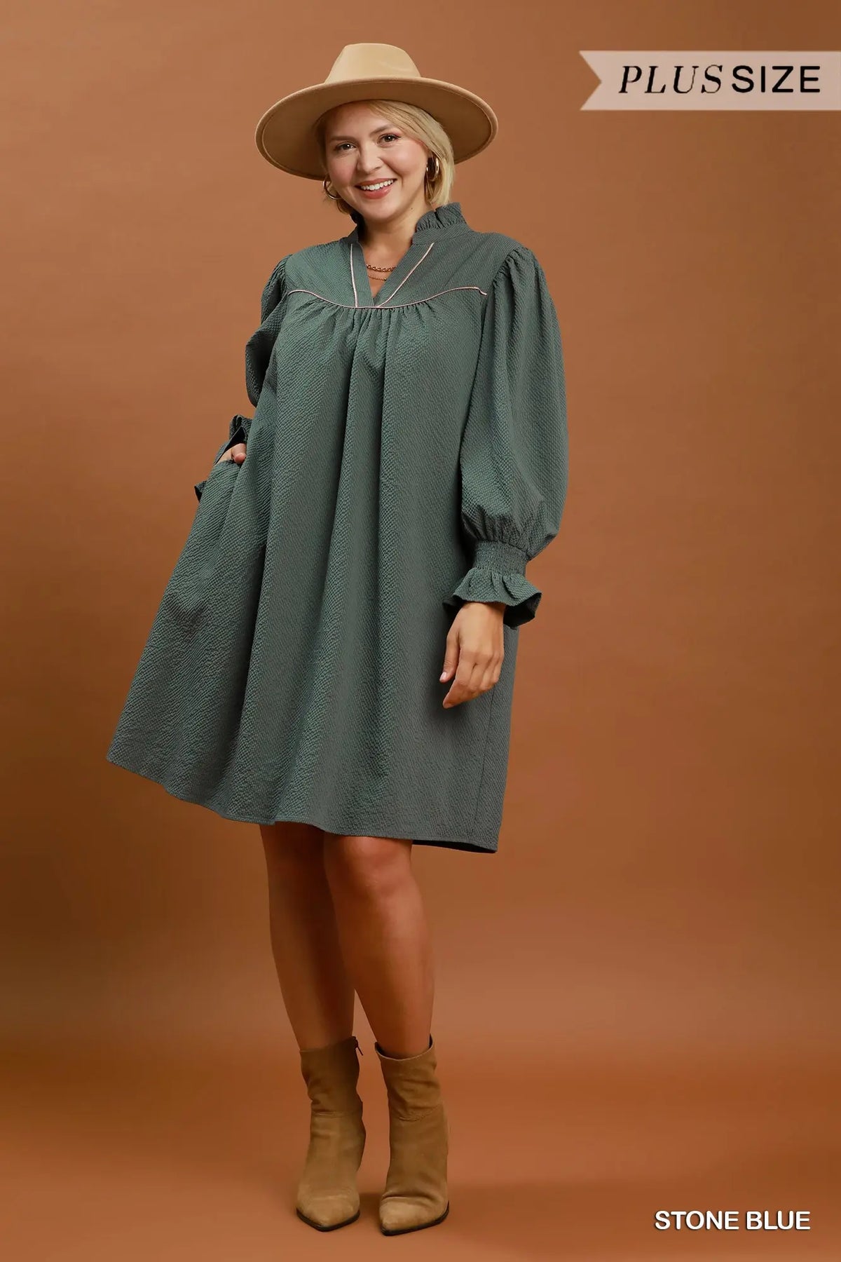 Stone Blue Puff sleeve v neck dress +