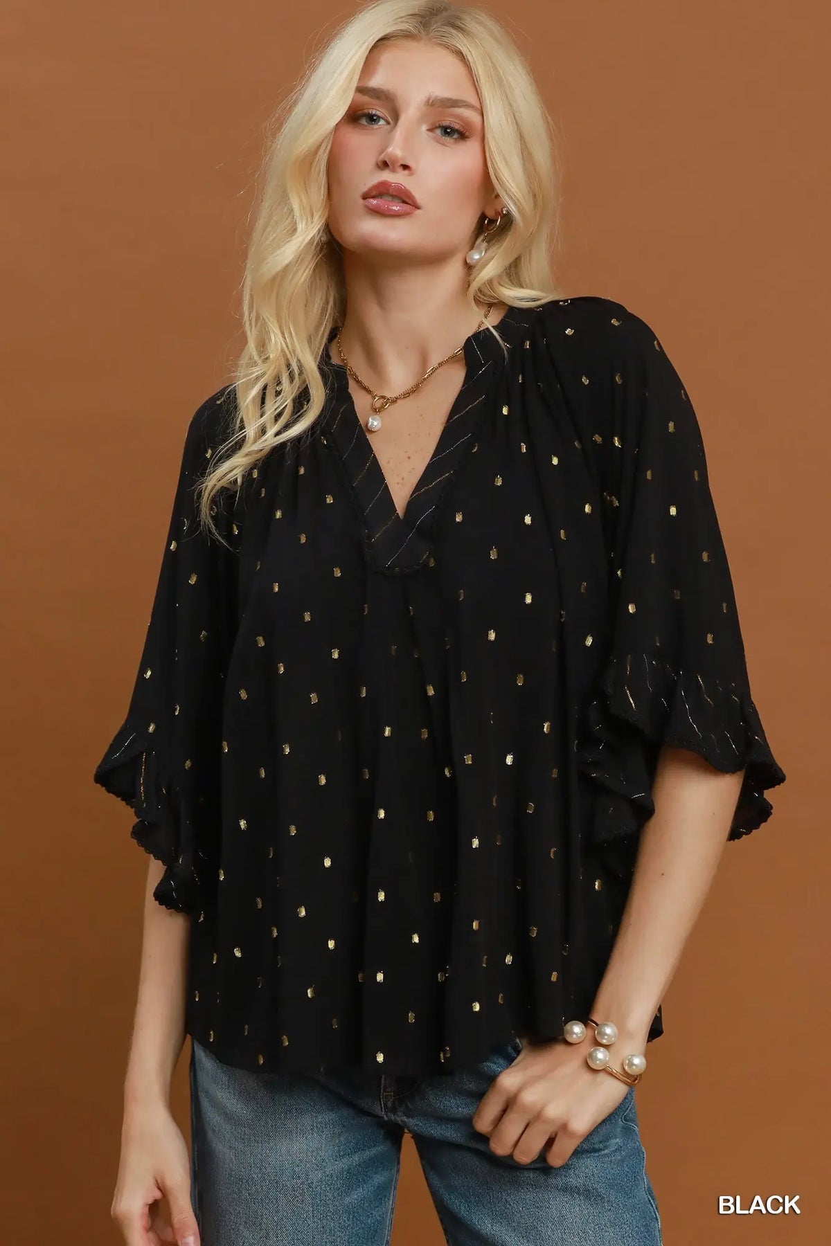 Black V-Neck Solid Top with Gold Dot Accents