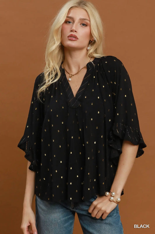 Black V-Neck Solid Top with Gold Dot Accents