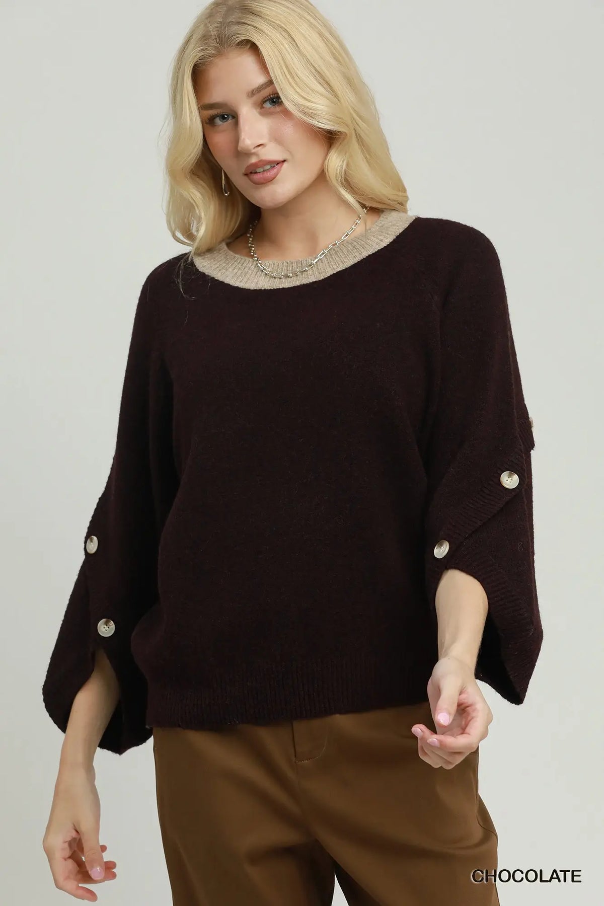 Chocolate rib sleeves button detail sweater