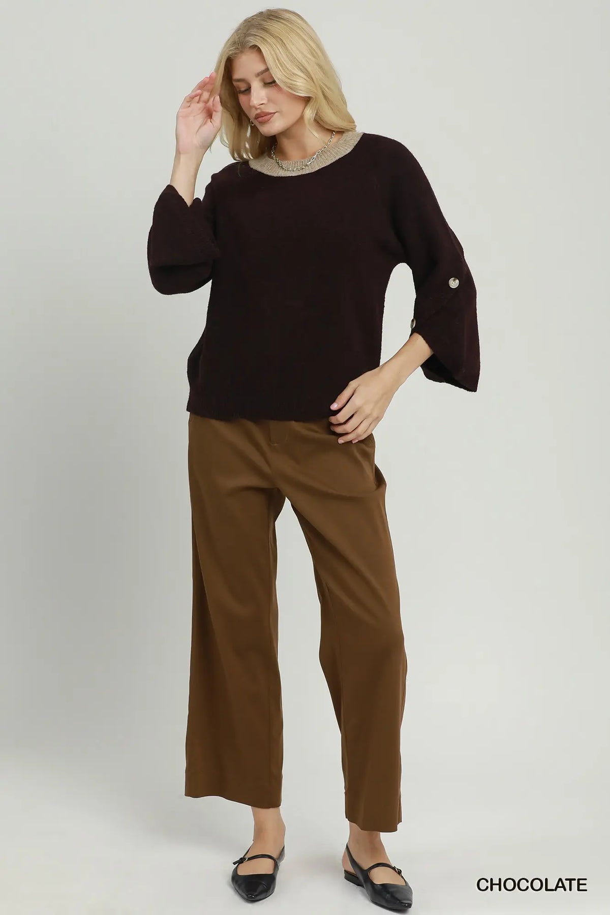 Chocolate rib sleeves button detail sweater