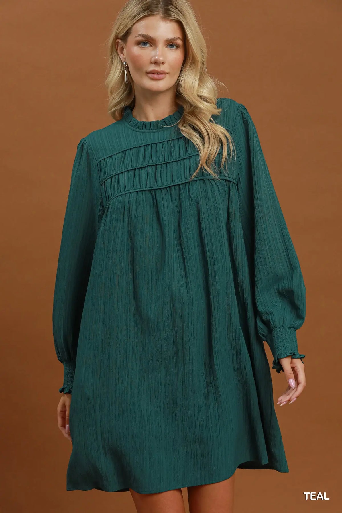 Teal Textured Ruffle Yoke Textured Long Sleeve Shift Dress