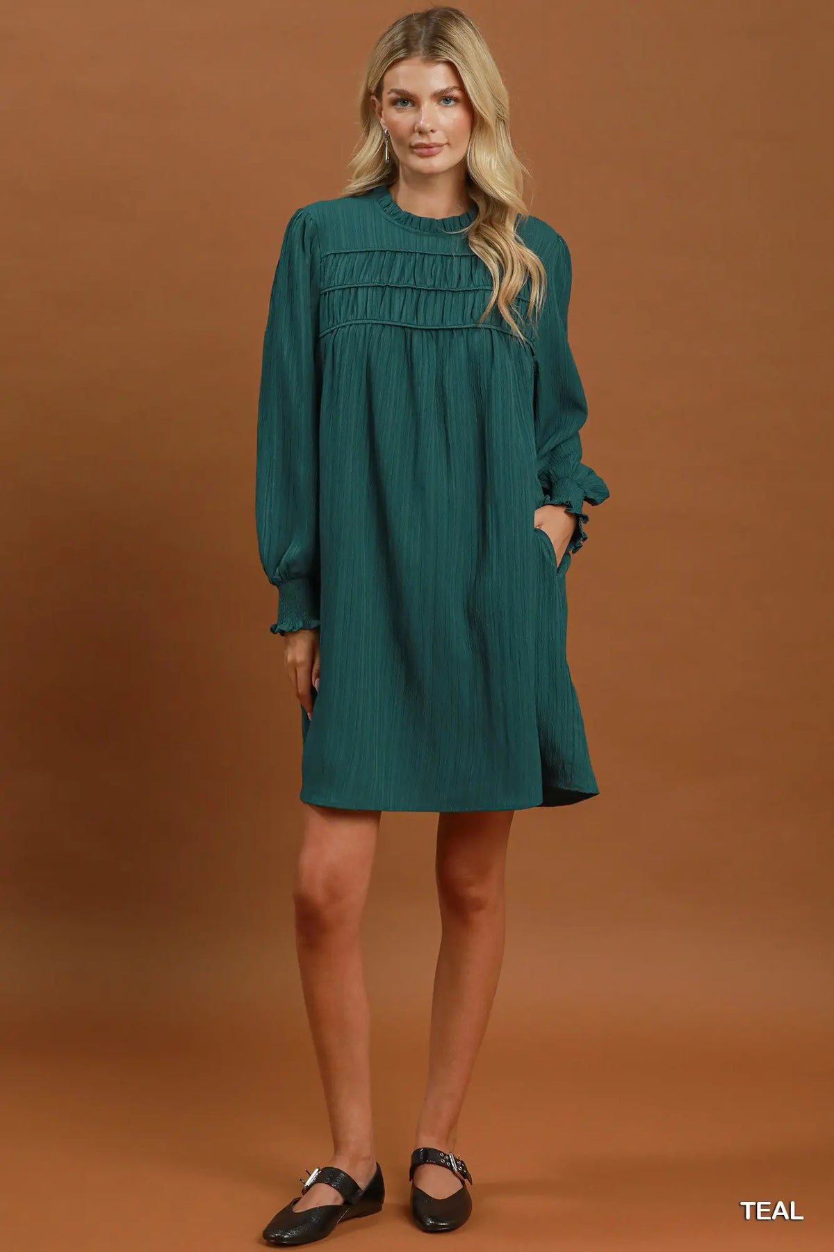 Teal Textured Ruffle Yoke Textured Long Sleeve Shift Dress
