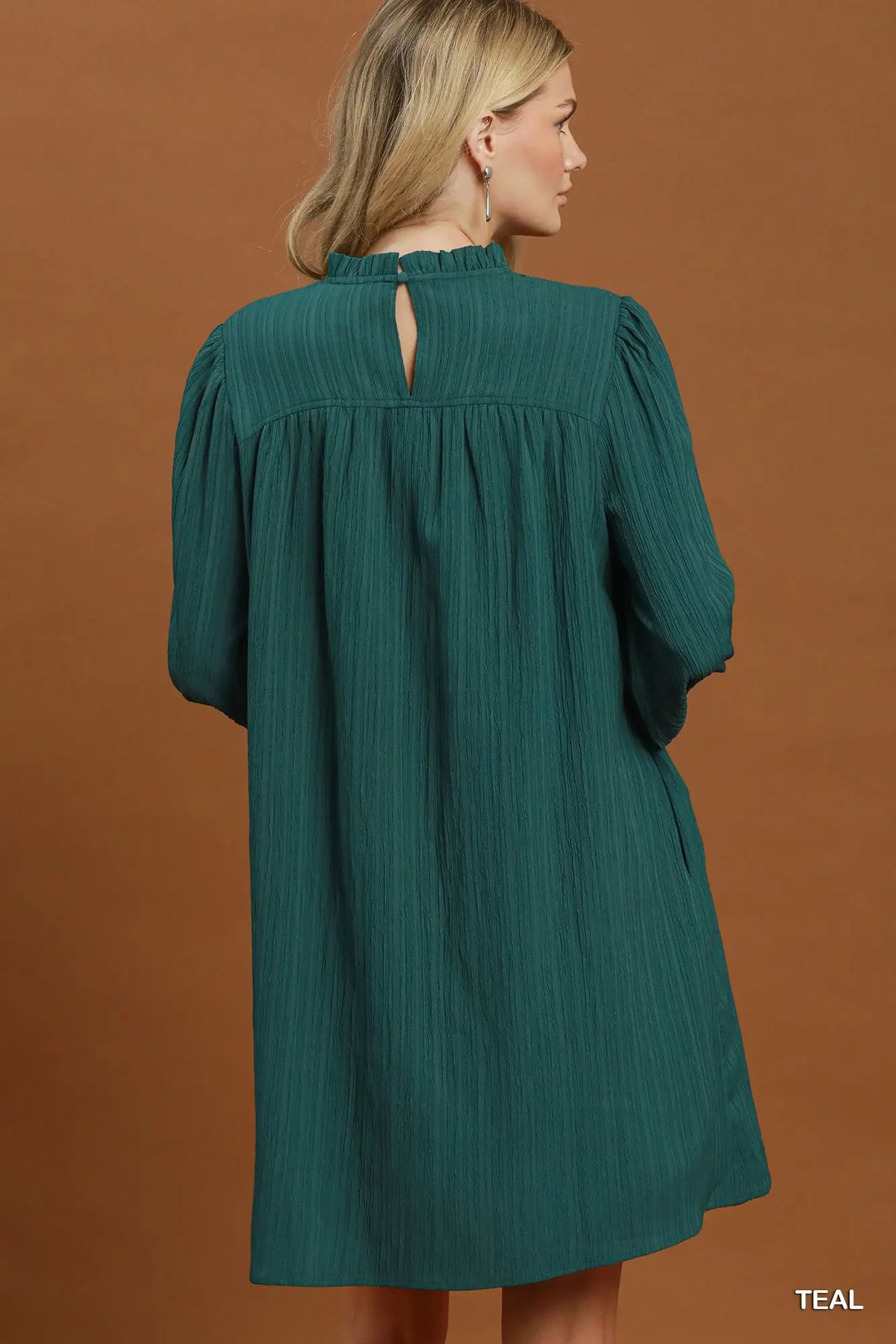 Teal Textured Ruffle Yoke Textured Long Sleeve Shift Dress