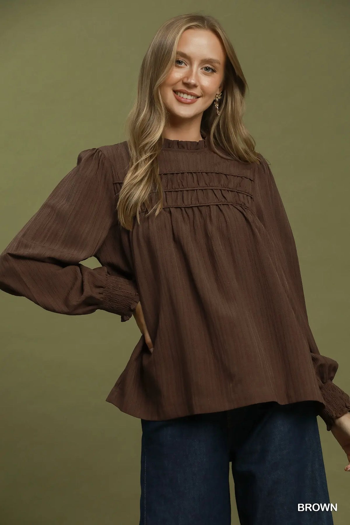 Brown Ruffle Detail Long Sleeve Blouse