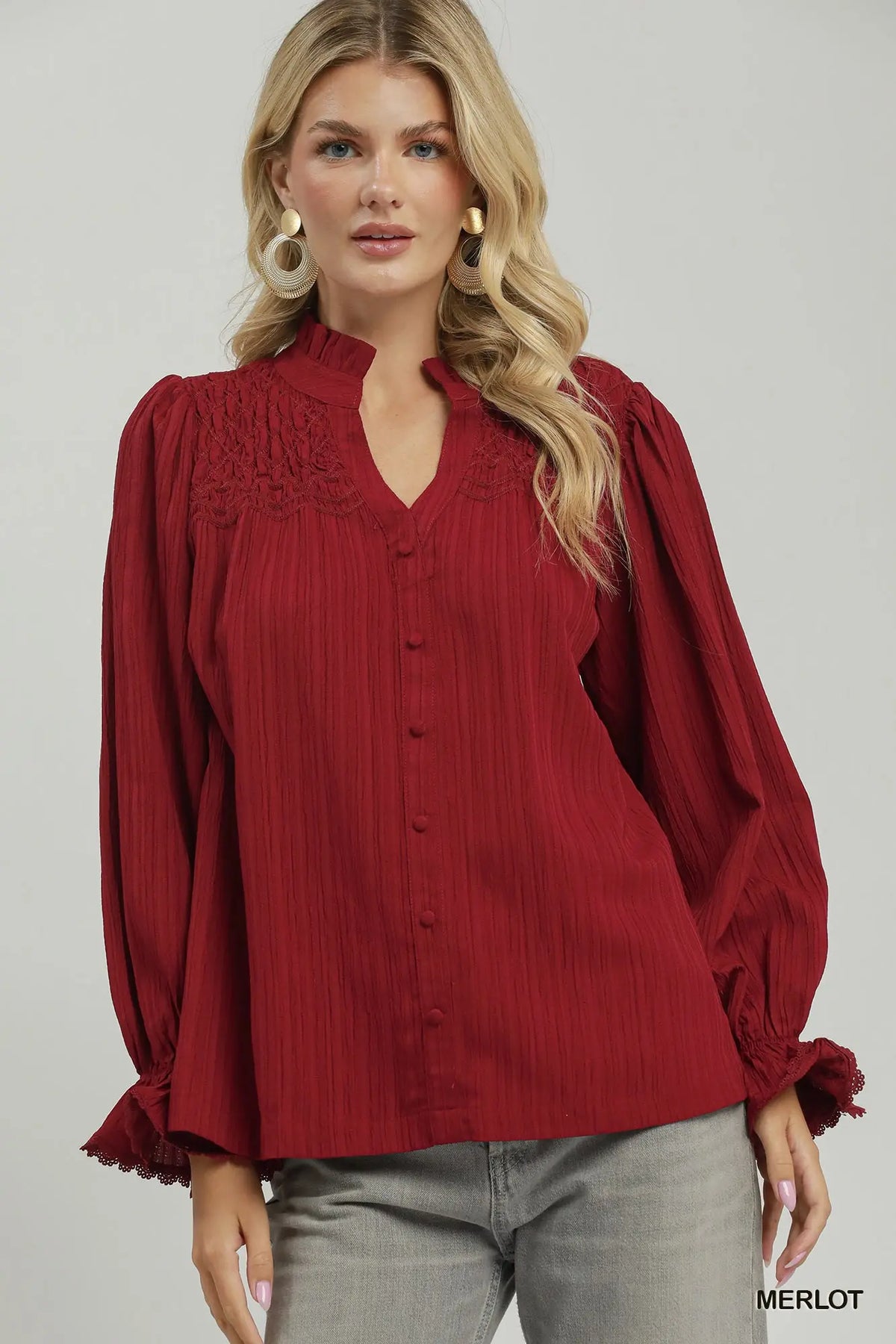 Merlot Smocked Yoke Ruffle Cuff Button-Down Blouse