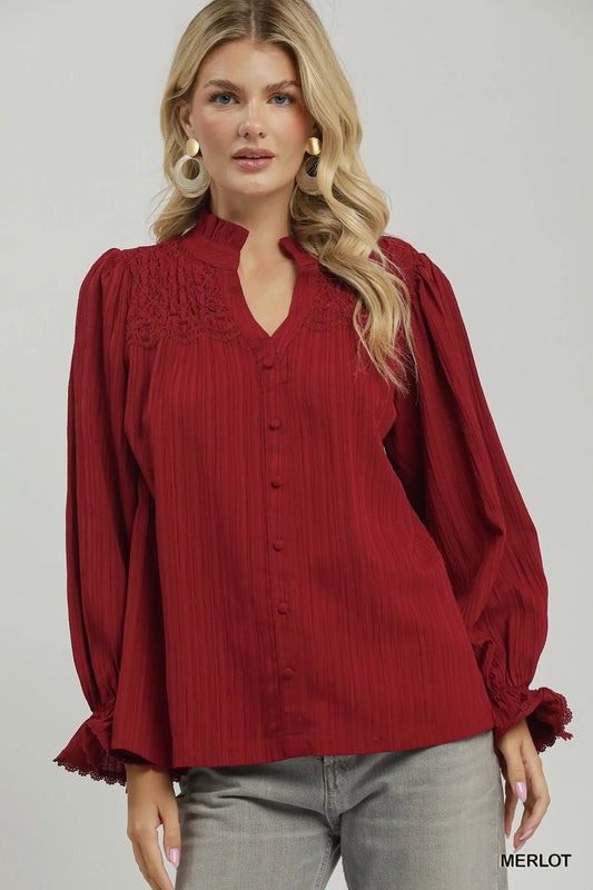 Merlot Smocked Yoke Ruffle Cuff Button-Down Blouse
