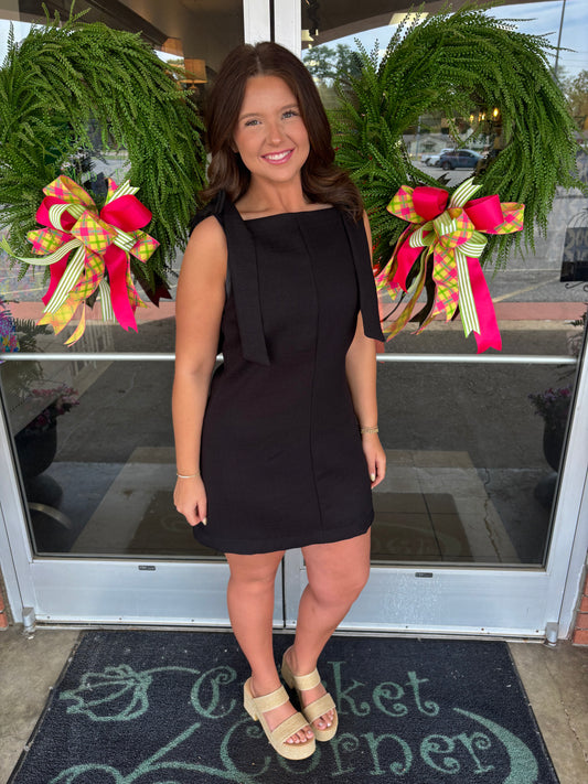 Straight Neckline Tie Shoulder Black Dress