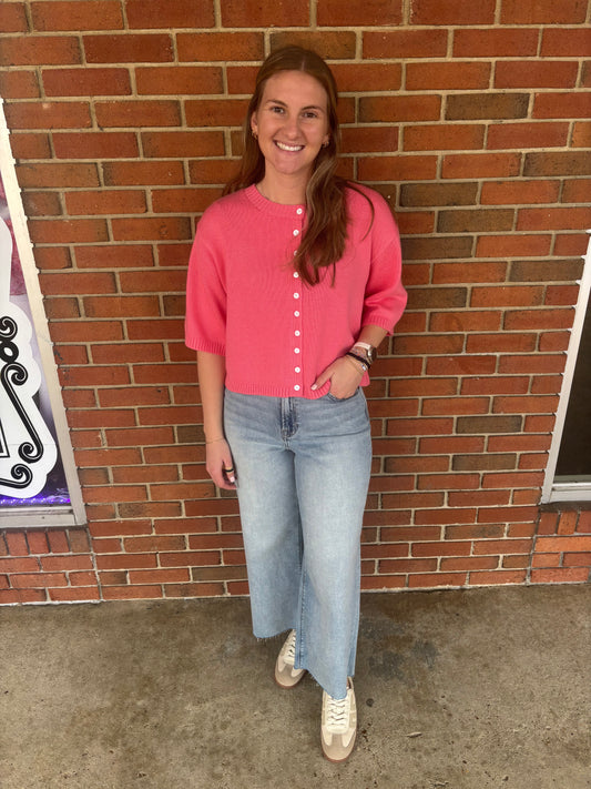 Coral Short Sleeve Sweater Cardigan
