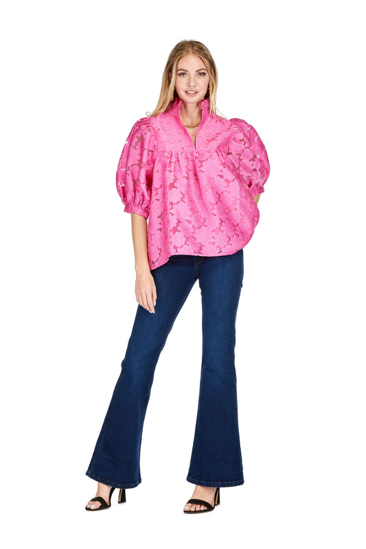 Fuchsia Floral Ruffle Neck Puff Sleeve Top