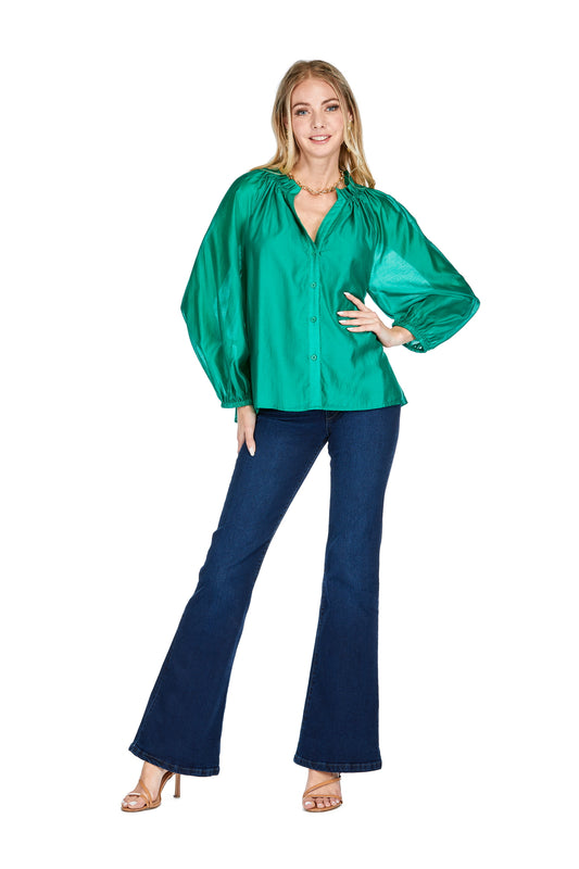 Emerald Split Neck Button Blouse