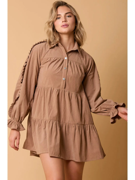 Corduroy Shirt Dress With Ruffle Sleeve