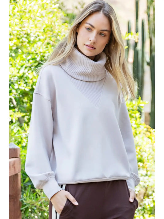 Modal Ribbed Turtleneck Pullover Mocha Cream