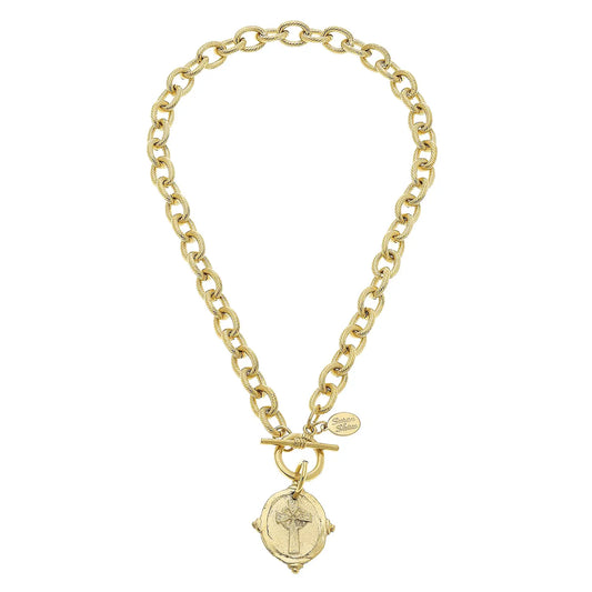 Handcast Gold Cross Intagilo Toggle Necklace