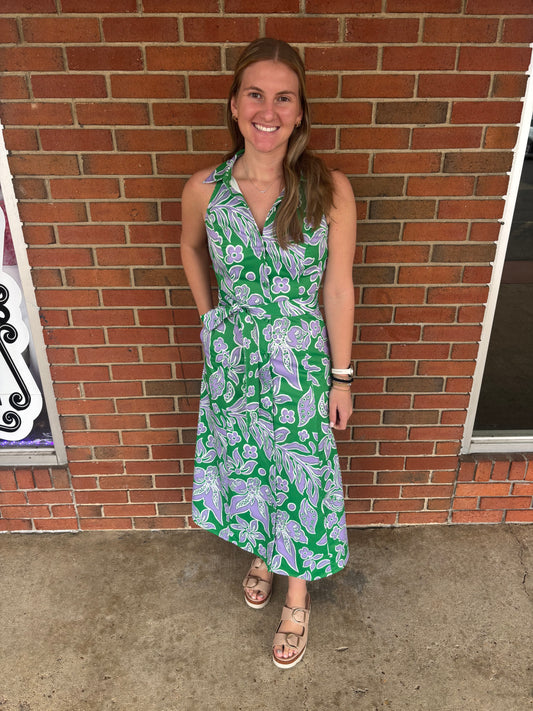 Floral Fitted Halter Shirt Dress